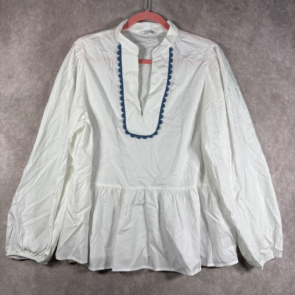 Cicy Bell Blouse Womens Size XXL White Peplum Scalloped Trim V-Neck Cotton Boho